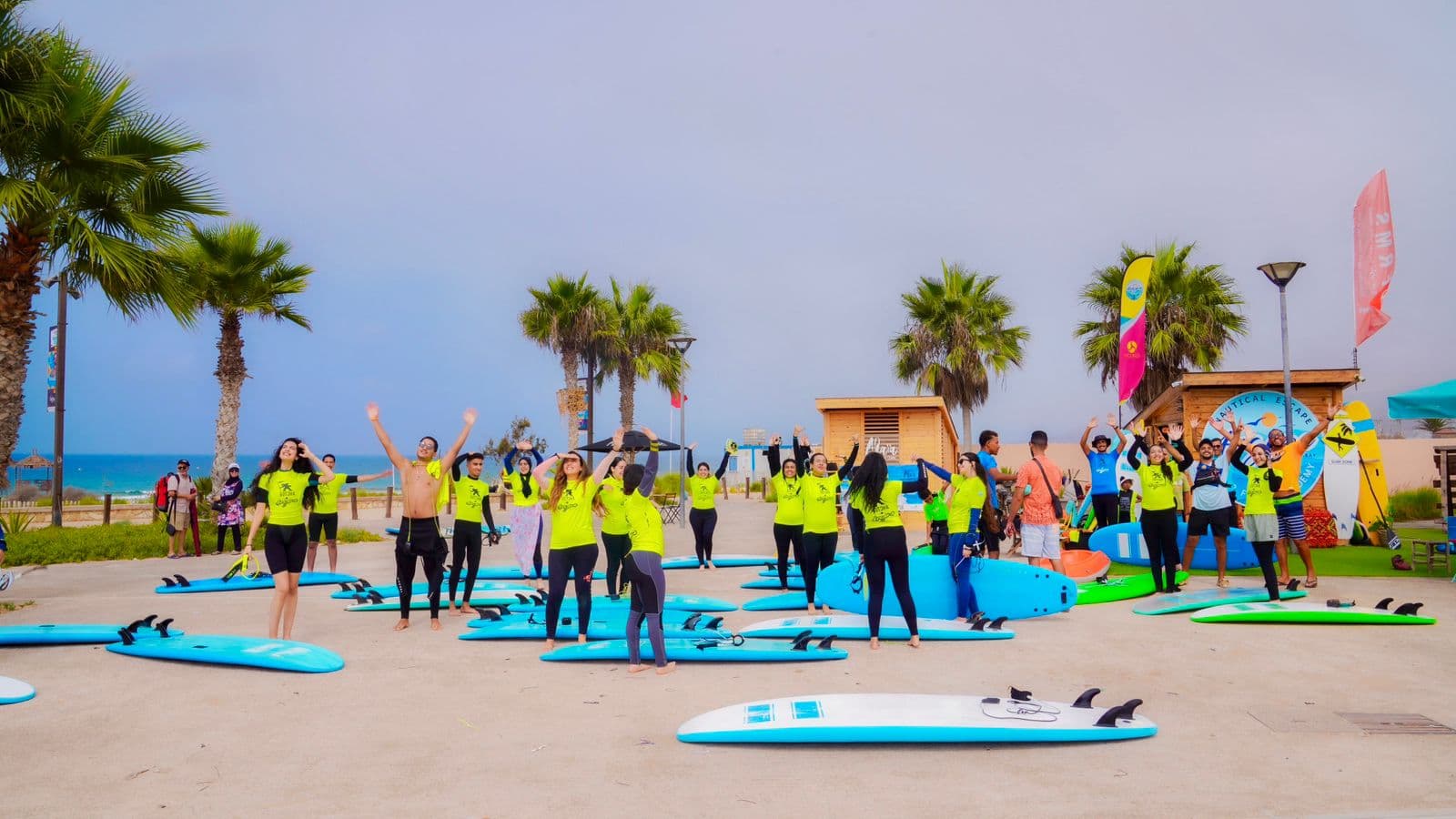 Surf coaching lineup and wave riding on the Aourir coastline