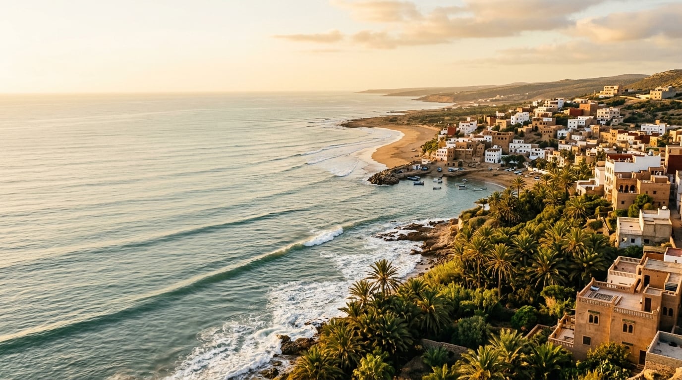 Moroccan Atlantic coast line and village in Aourir