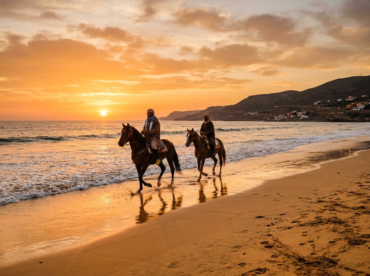 Sunset horse riding on Aourir Atlantic beach