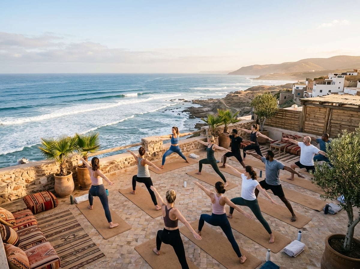 Yoga and wellness session overlooking Atlantic ocean in Aourir